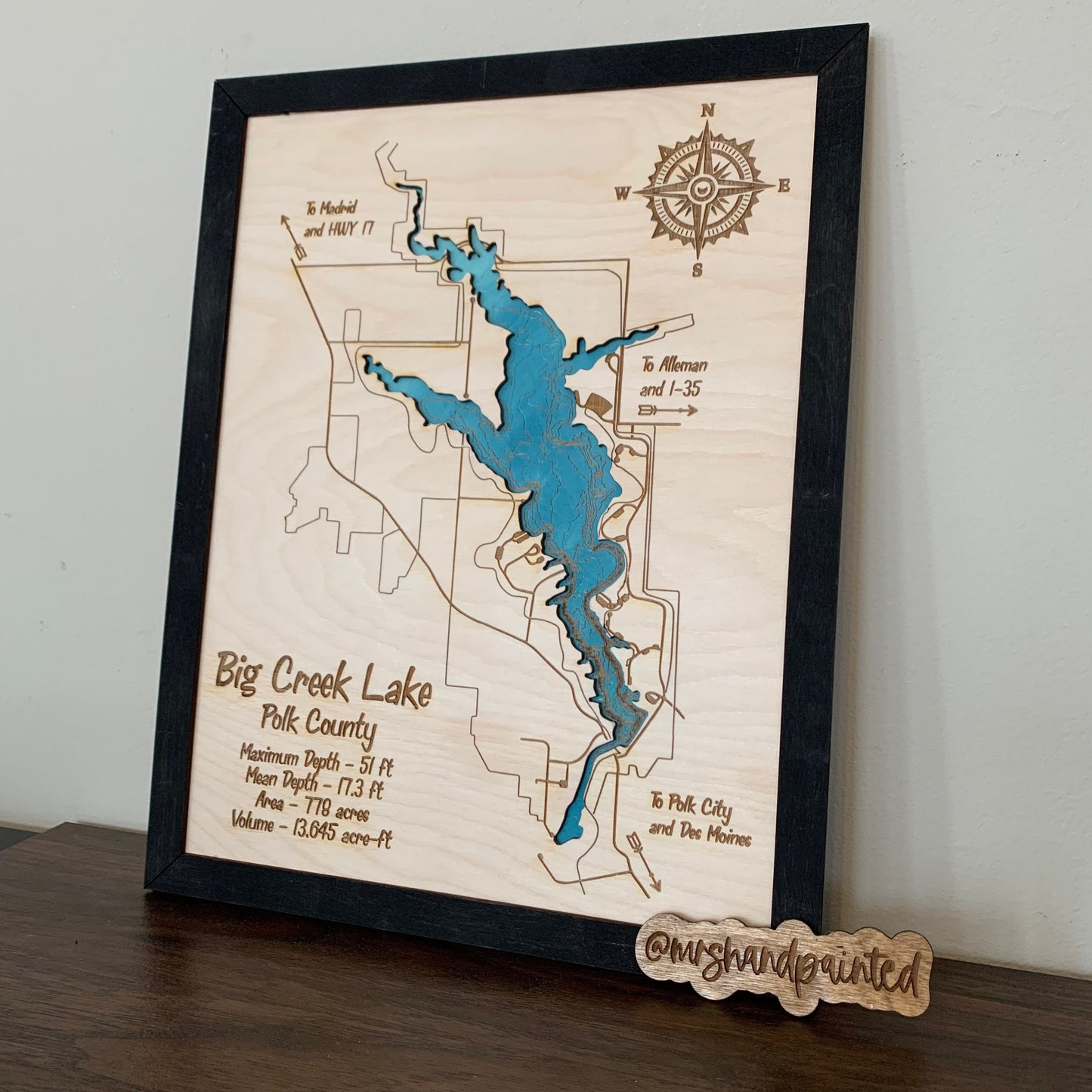 Laser Cut Engraved Wood Lake Map - Big Creek Lake Map - Polk County Des Moines Iowa - Frame Trim