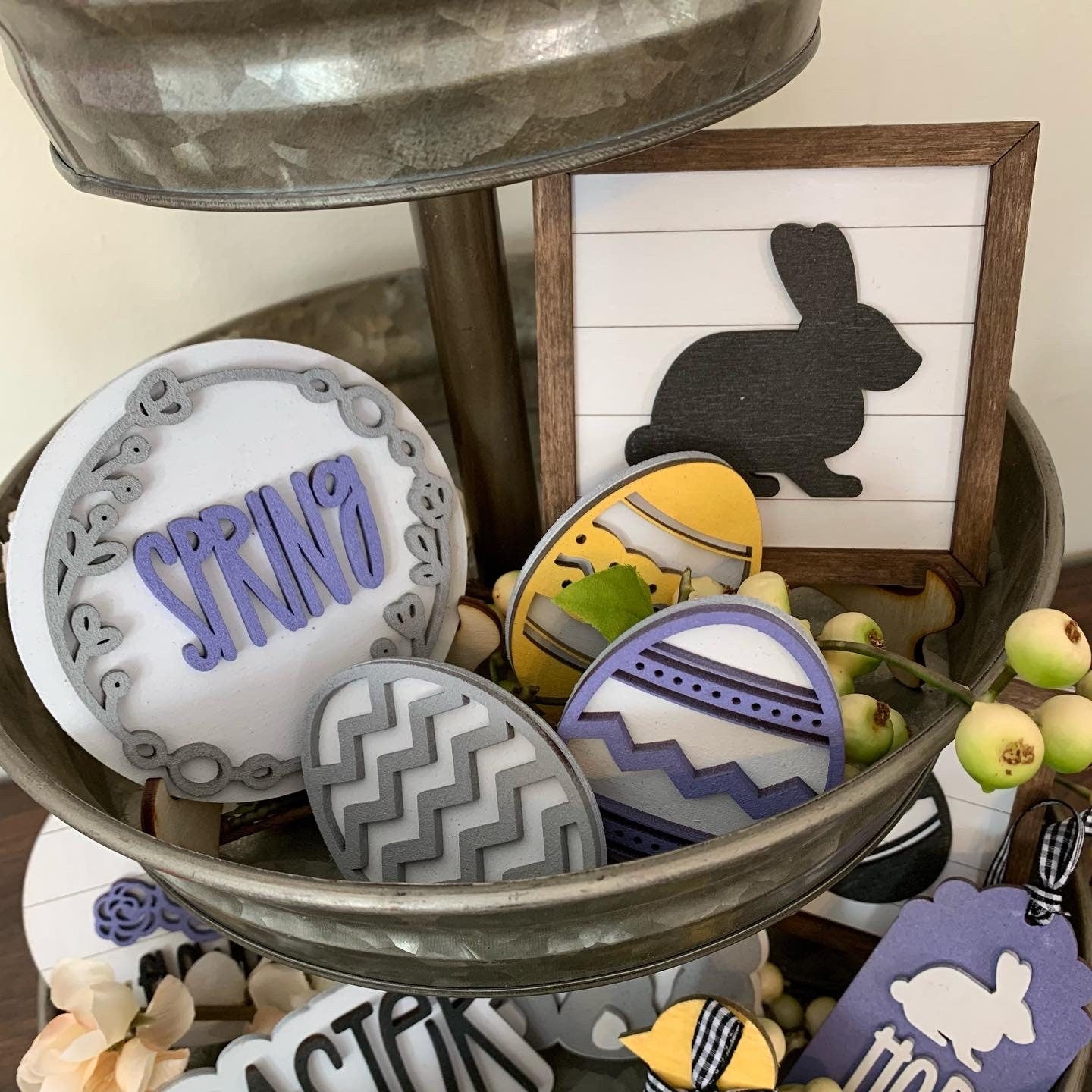 Farmhouse Style Easter and Spring Tiered Tray Decor - Laser Cut Wood Painted