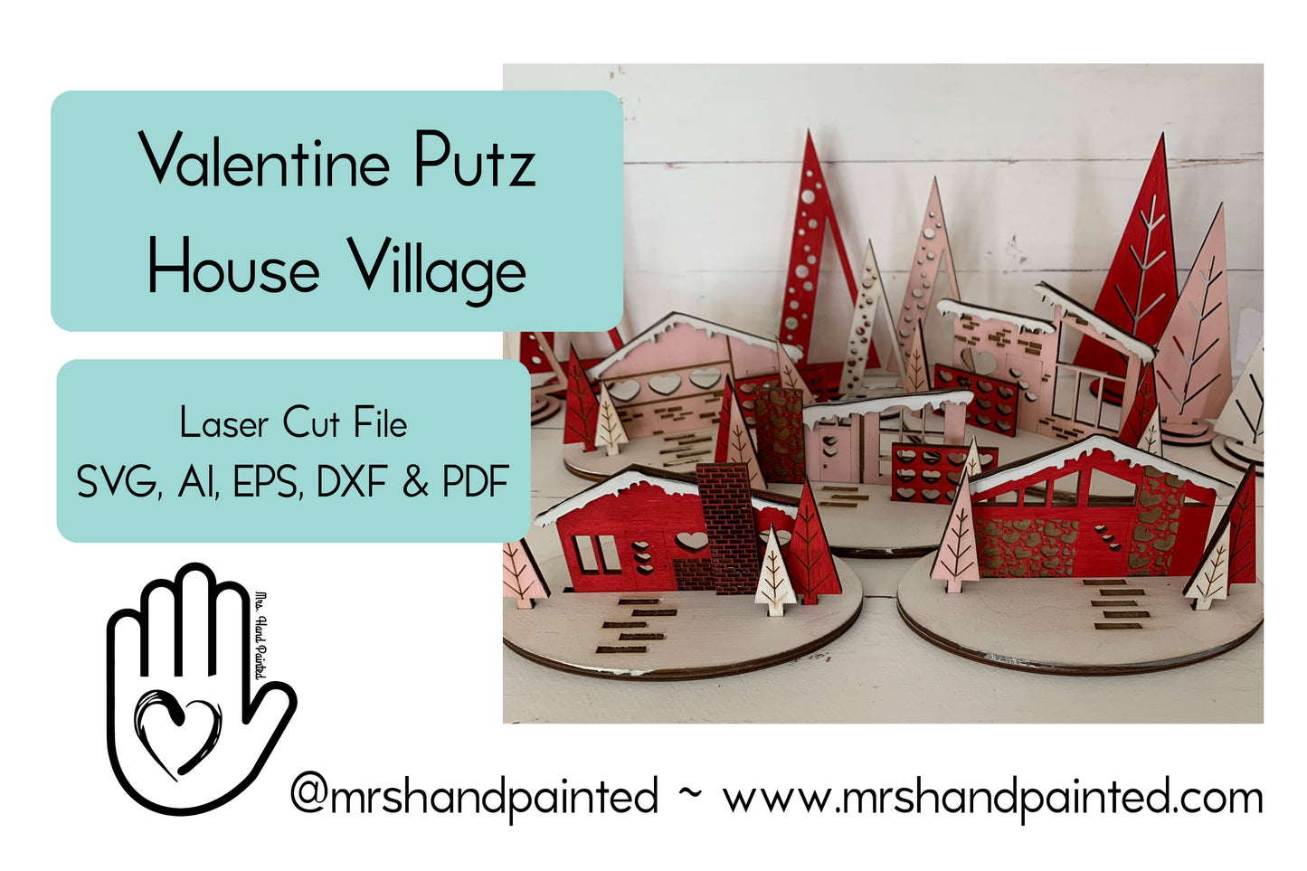 Laser Cut File - Retro Putz Houses Valentine Village - Digital Download SVG, DXF, AI files - Mid Century Modern Style Decor