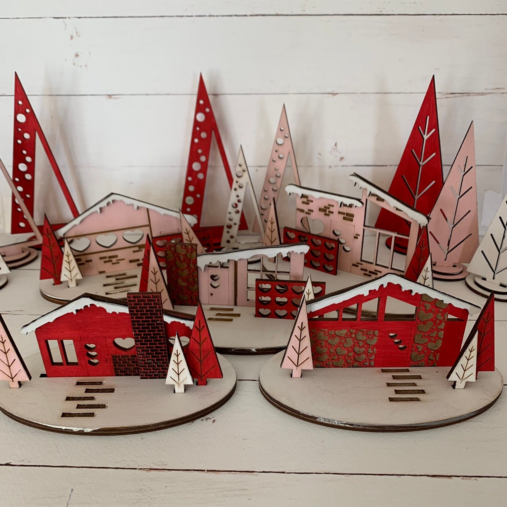 Laser Cut File - Retro Putz Houses Valentine Village - Digital Download SVG, DXF, AI files - Mid Century Modern Style Decor