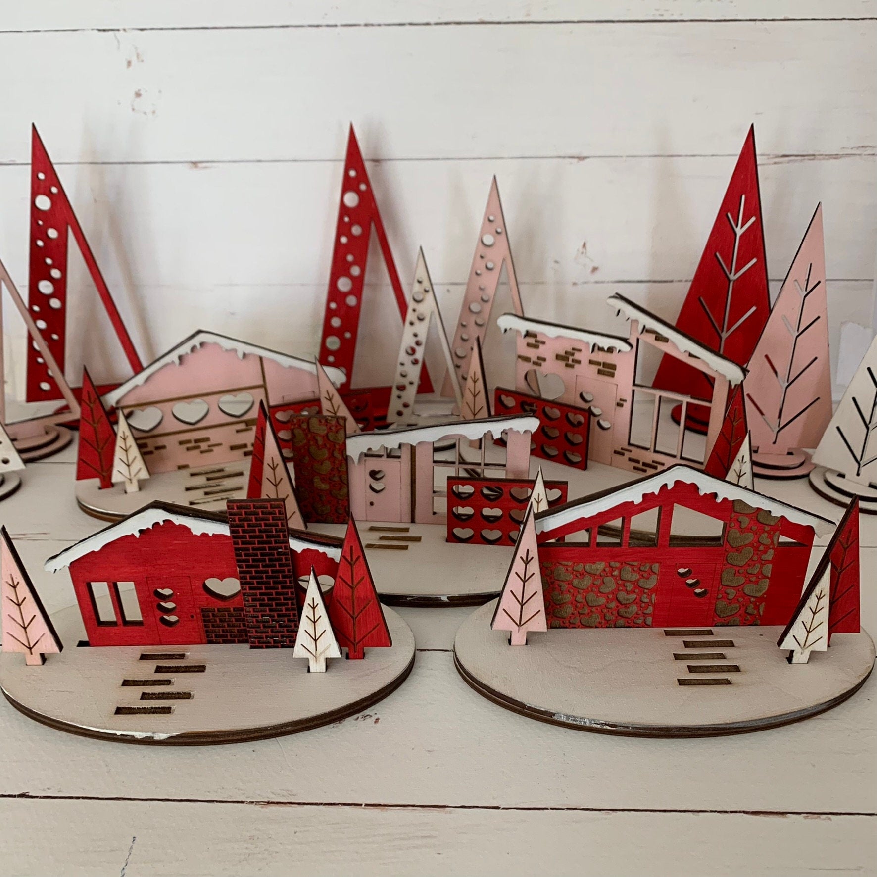 Laser Cut File - Retro Putz Houses Valentine Village - Digital Download SVG, DXF, AI files - Mid Century Modern Style Decor