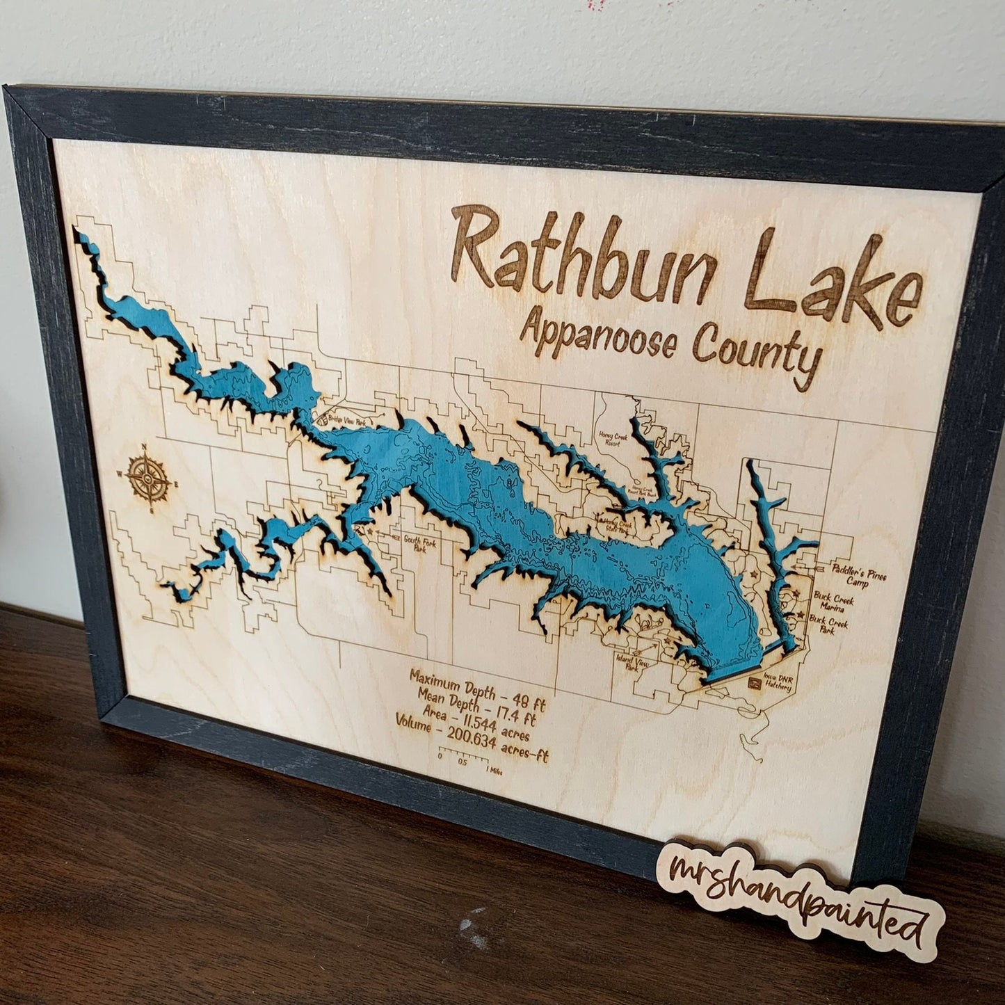 Laser Cut Engraved Wood Lake Map - Rathbun Lake - Appanoose County Iowa