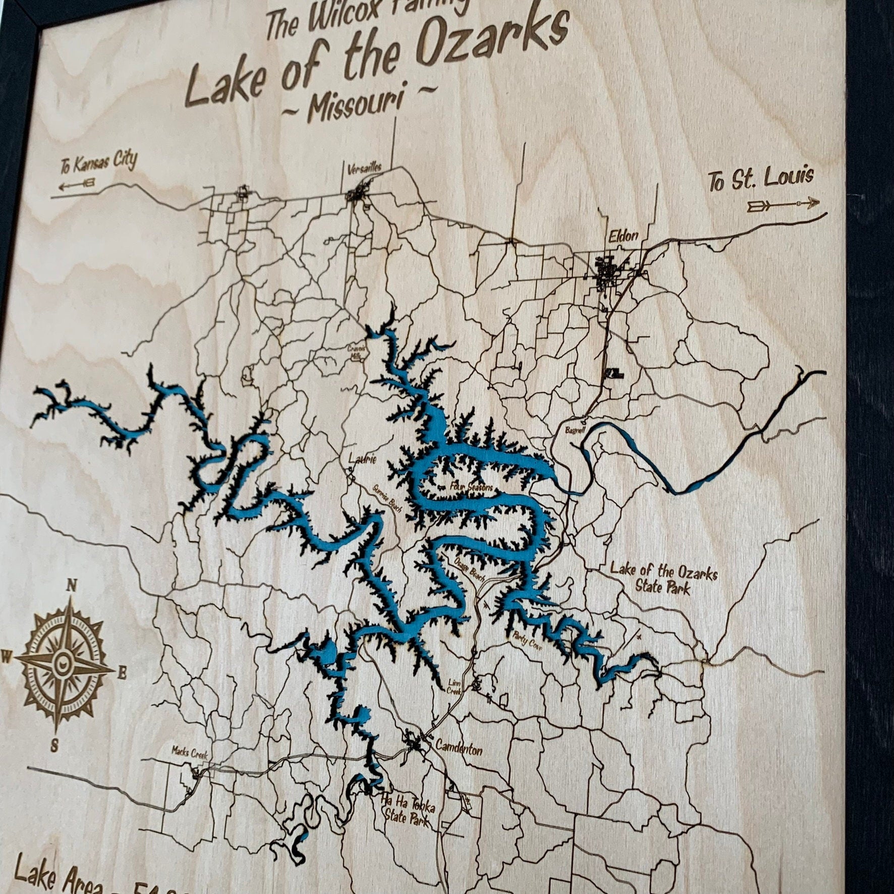 Laser Cut Engraved Wood Lake Map - Lake of the Ozarks - Missouri