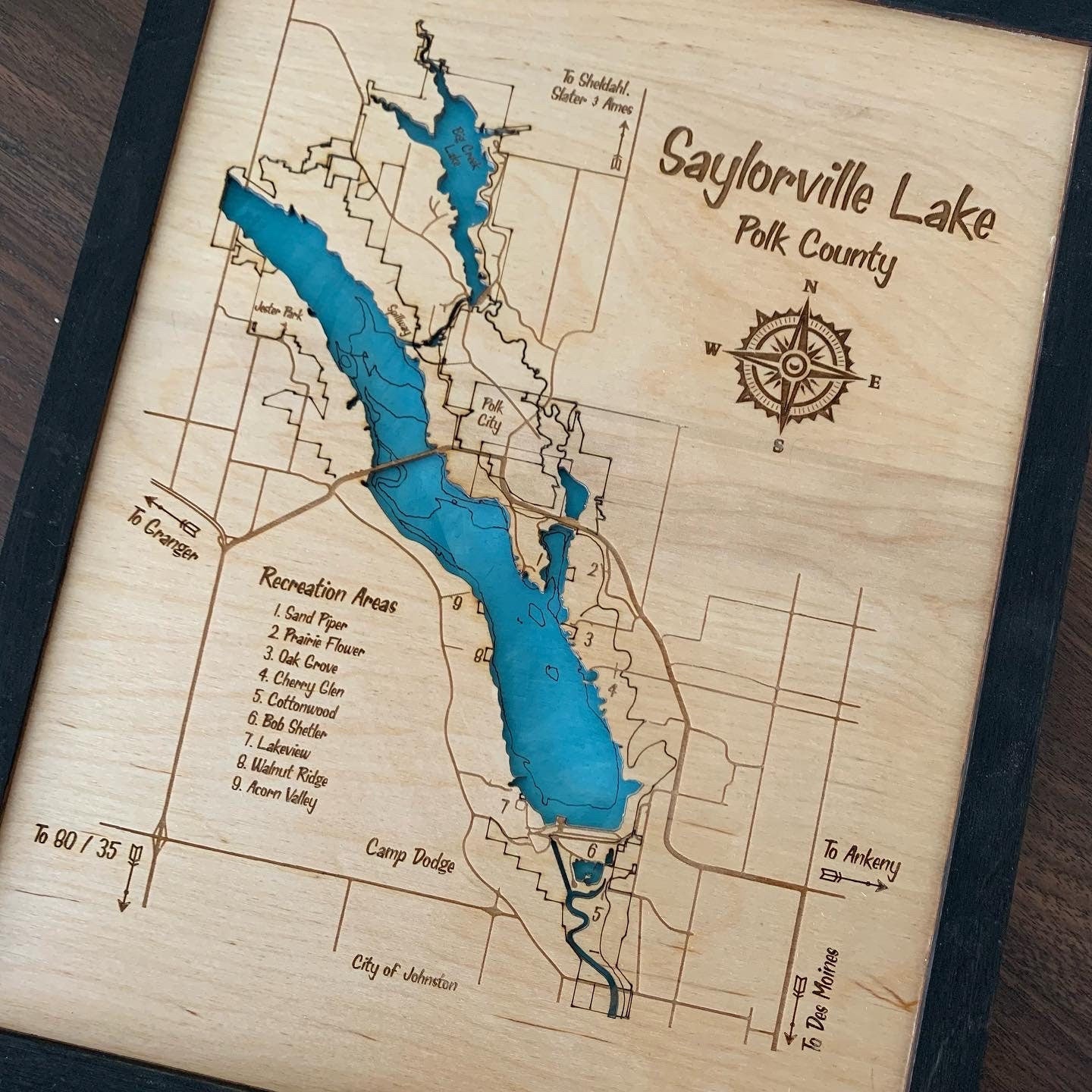 Laser Cut Engraved Wood Lake Map - Saylorville Lake, Des Moines, Iowa - Custom Lake Map Framed