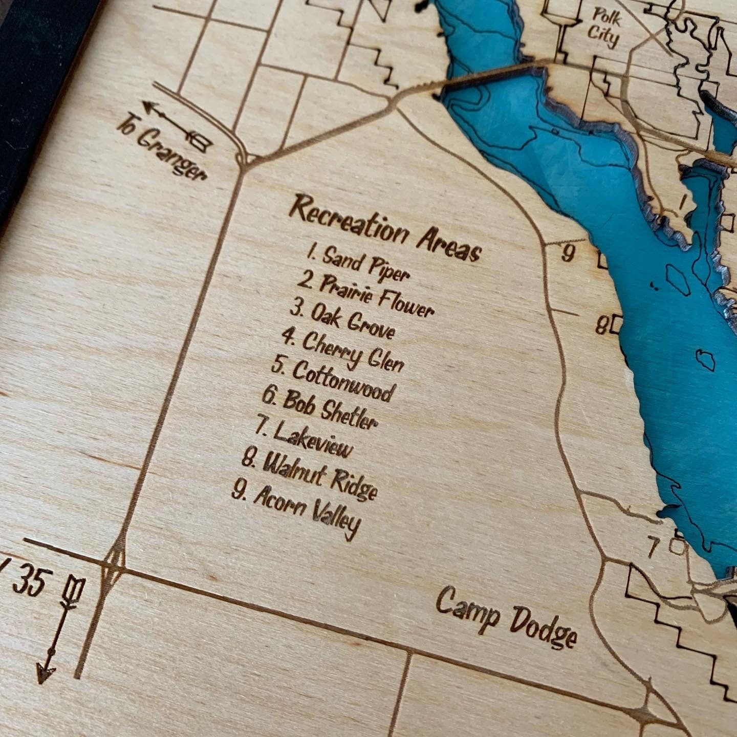 Laser Cut Engraved Wood Lake Map - Saylorville Lake, Des Moines, Iowa - Custom Lake Map Framed