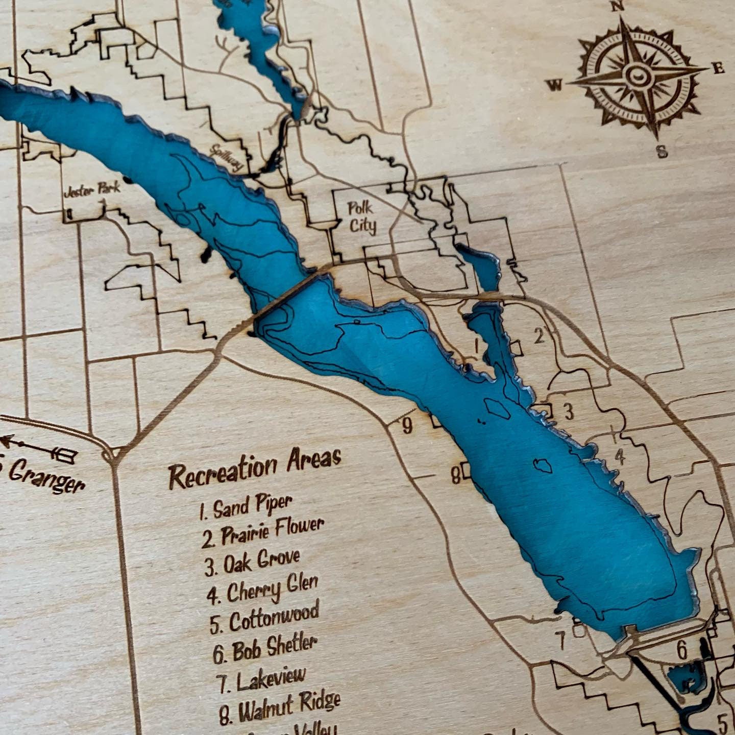 Laser Cut Engraved Wood Lake Map - Saylorville Lake, Des Moines, Iowa - Custom Lake Map Framed
