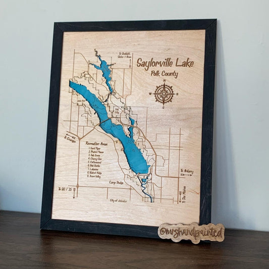 Laser Cut Engraved Wood Lake Map - Saylorville Lake, Des Moines, Iowa - Custom Lake Map Framed