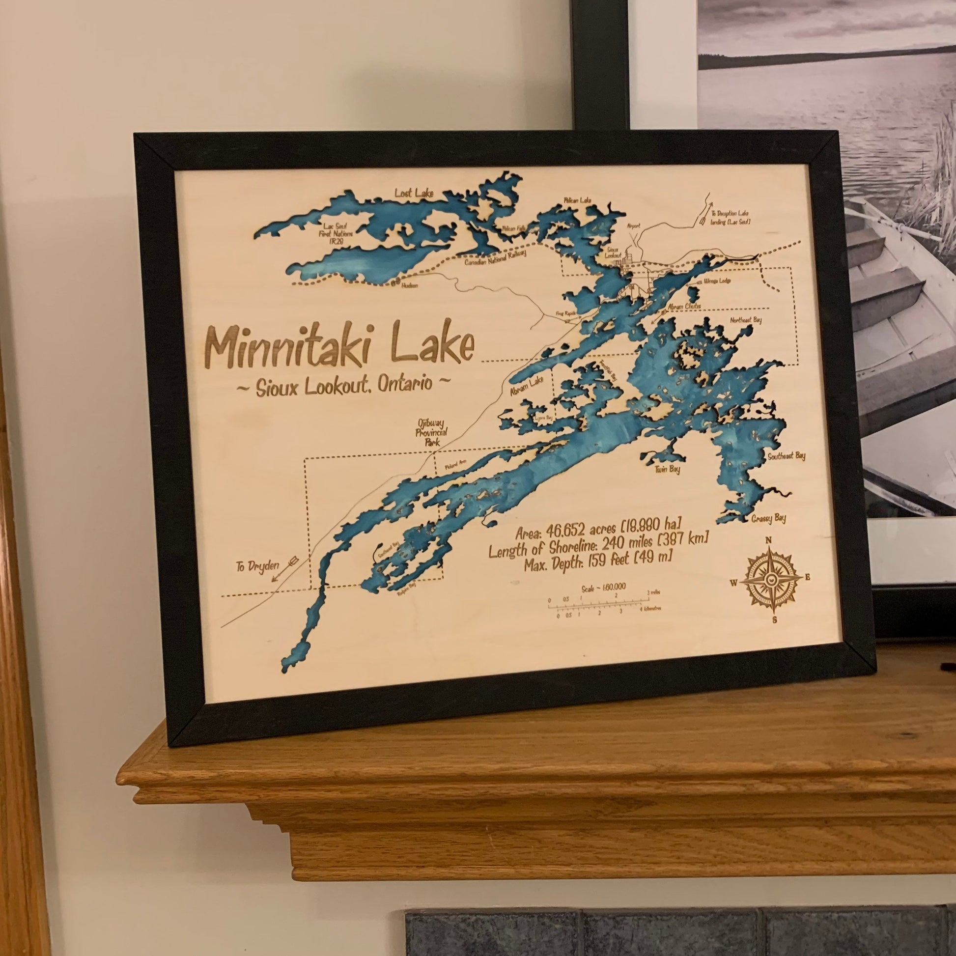 Laser Cut Engraved Wood - Minnetaki Lake Map - Sioux Lookout Ontario Canada Frame Trim 16x20 Inches