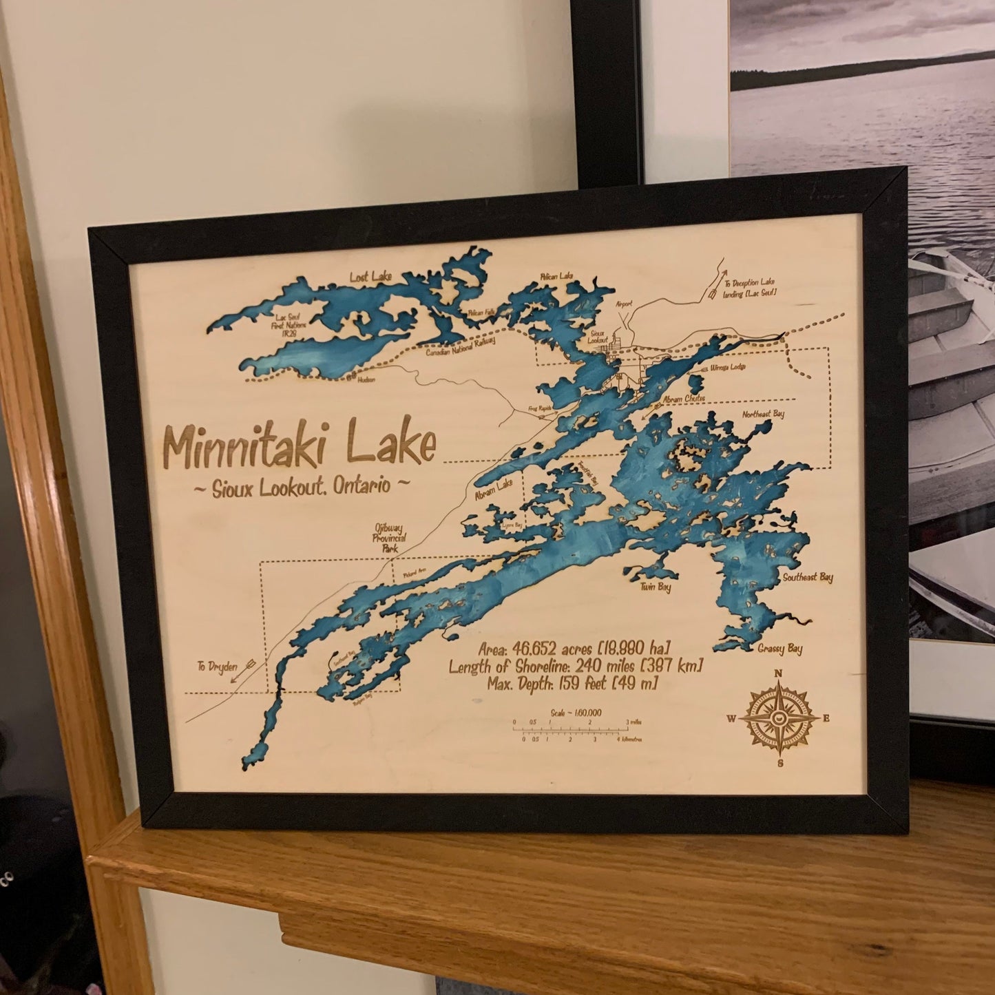 Laser Cut Engraved Wood - Minnetaki Lake Map - Sioux Lookout Ontario Canada Frame Trim 16x20 Inches