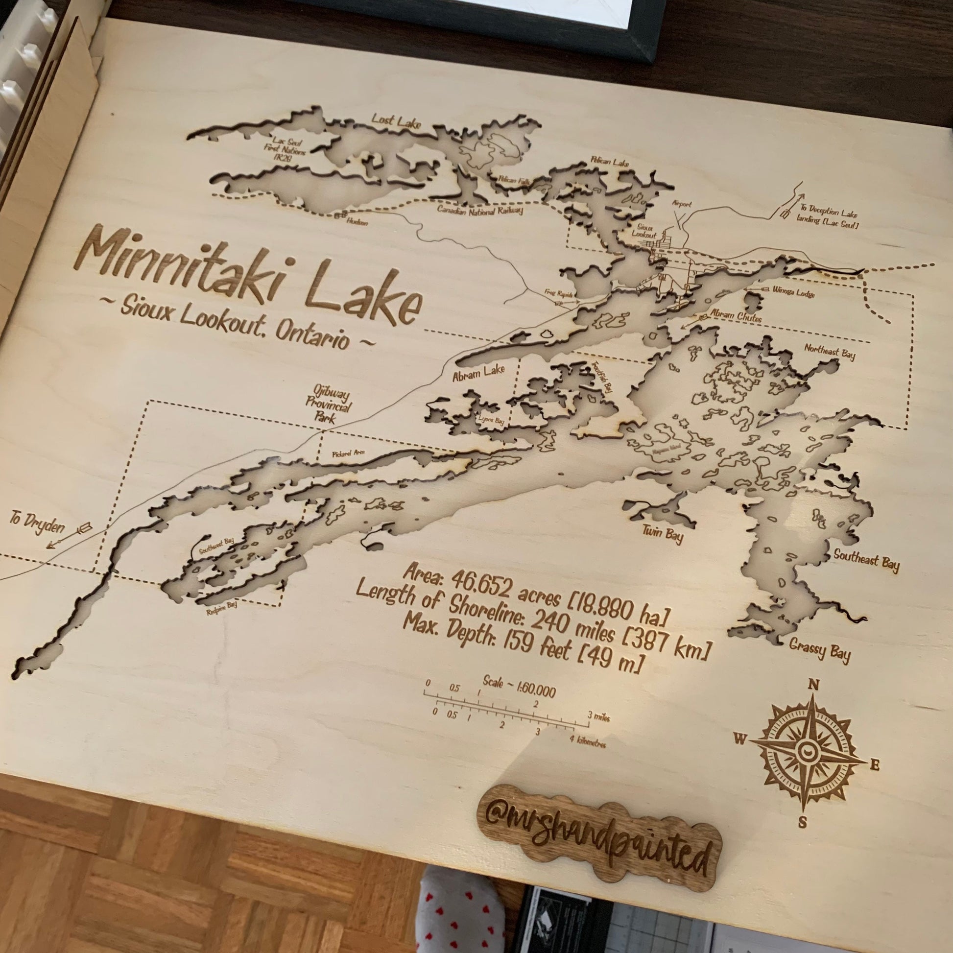 Laser Cut Engraved Wood - Minnetaki Lake Map - Sioux Lookout Ontario Canada Frame Trim 16x20 Inches