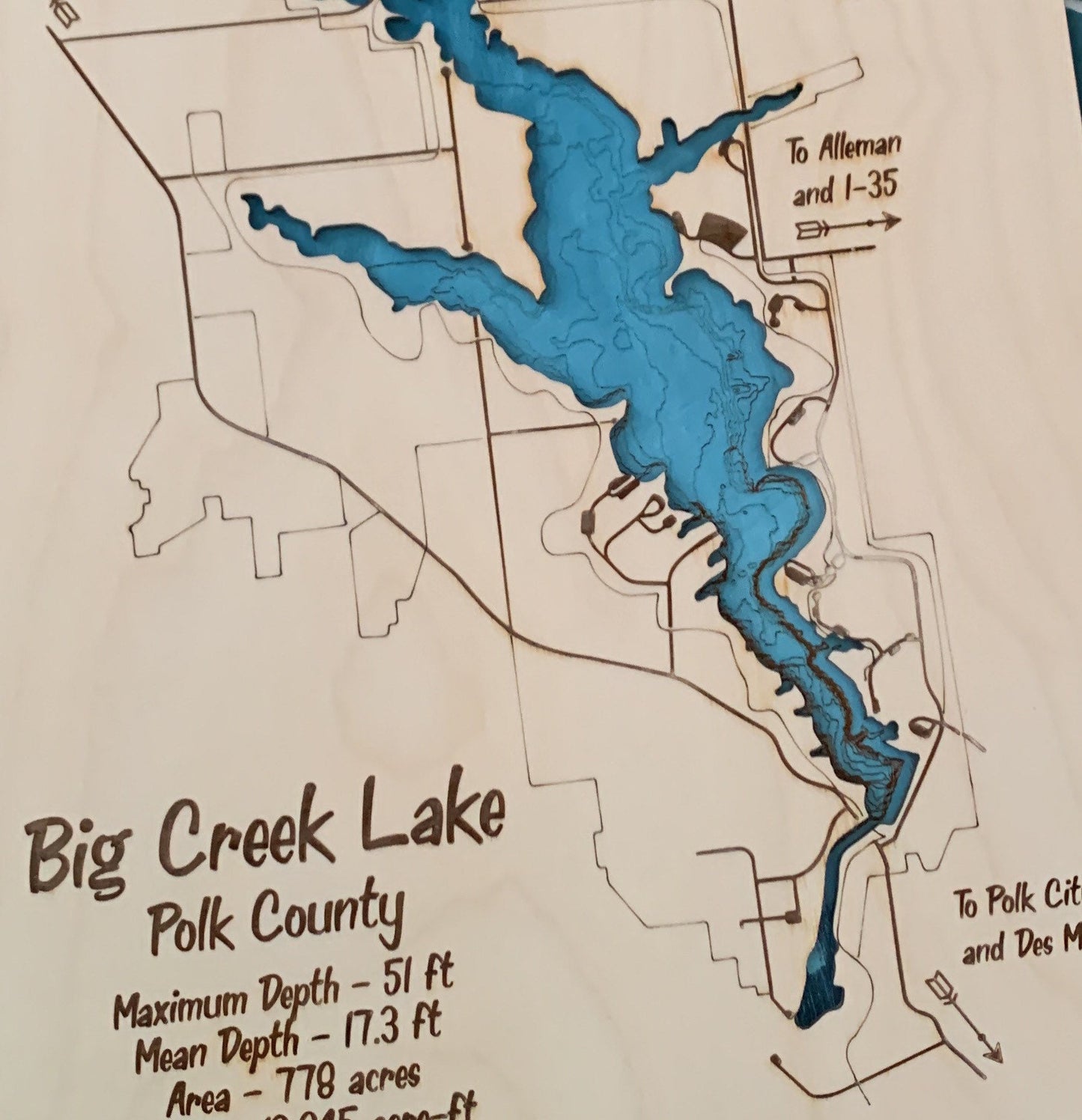 Laser Cut Engraved Wood Lake Map - Big Creek Lake Map - Polk County Des Moines Iowa - Frame Trim