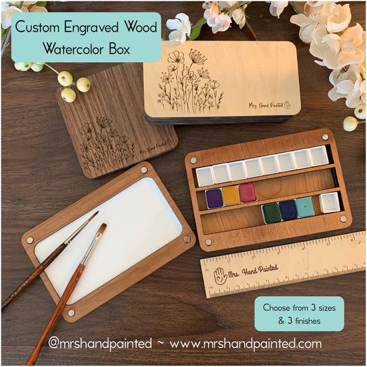Custom Engraved Wood Watercolor Box with Hand Drawn Floral Doodle Design and Personalization