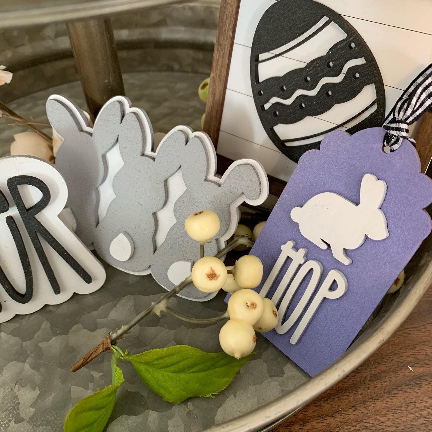 Farmhouse Style Easter and Spring Tiered Tray Decor - Laser Cut Wood Painted