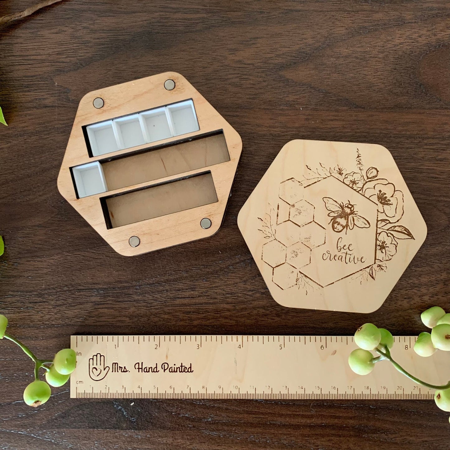 Bee Creative - Honeybee - Custom Engraved Wood Watercolor Box with Hand Drawn Design