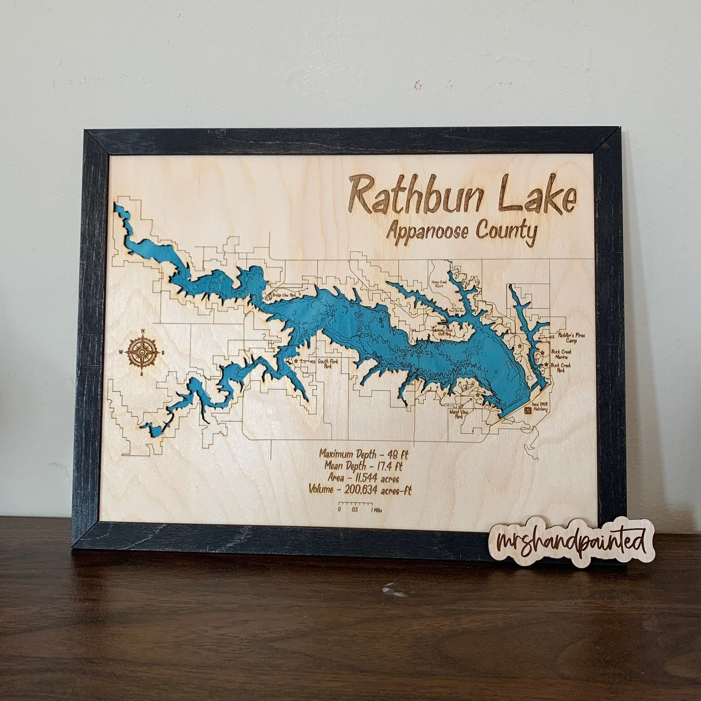 Laser Cut Engraved Wood Lake Map - Rathbun Lake - Appanoose County Iowa