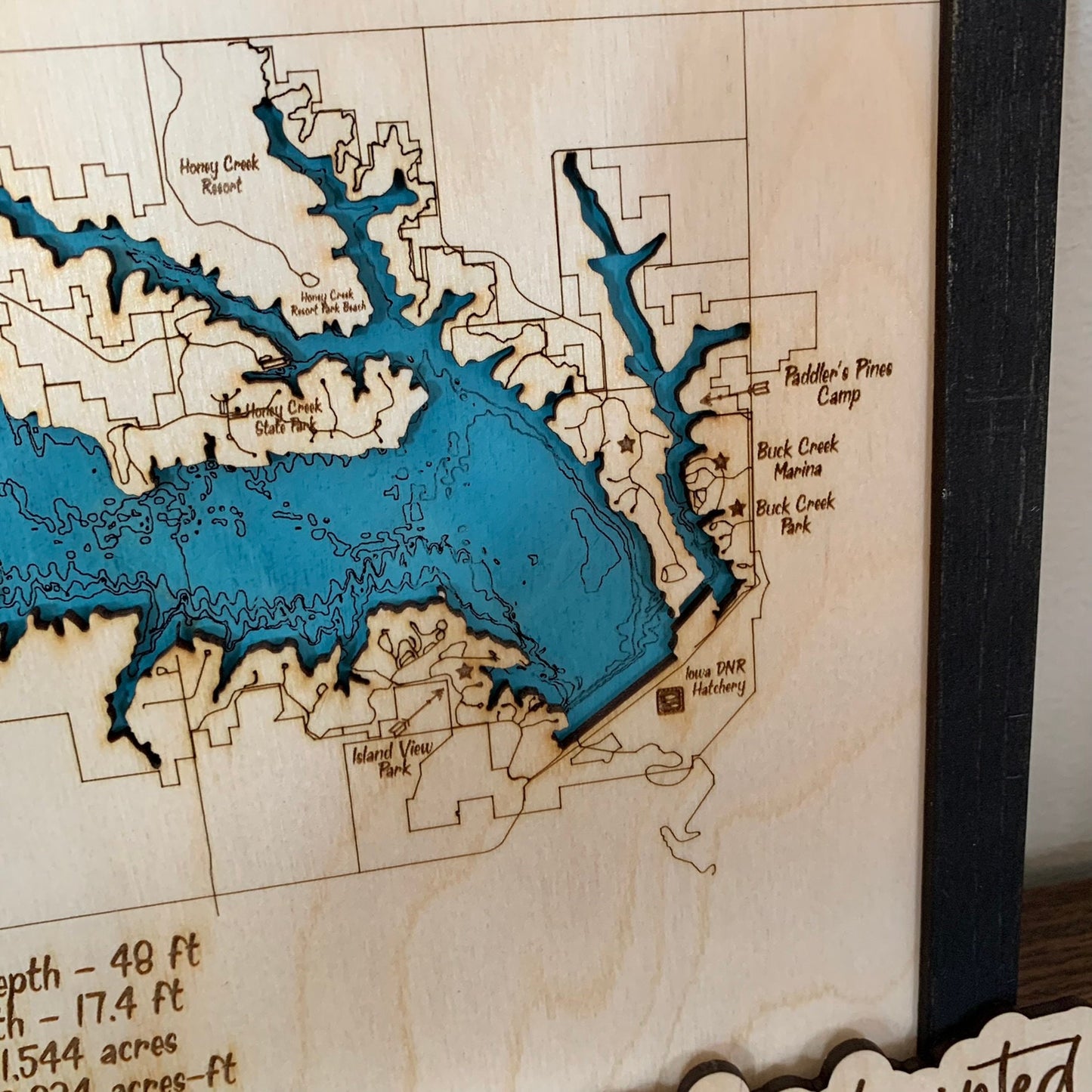 Laser Cut Engraved Wood Lake Map - Rathbun Lake - Appanoose County Iowa