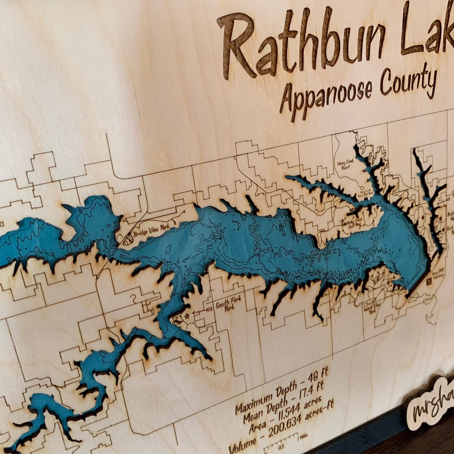 Laser Cut Engraved Wood Lake Map - Rathbun Lake - Appanoose County Iowa