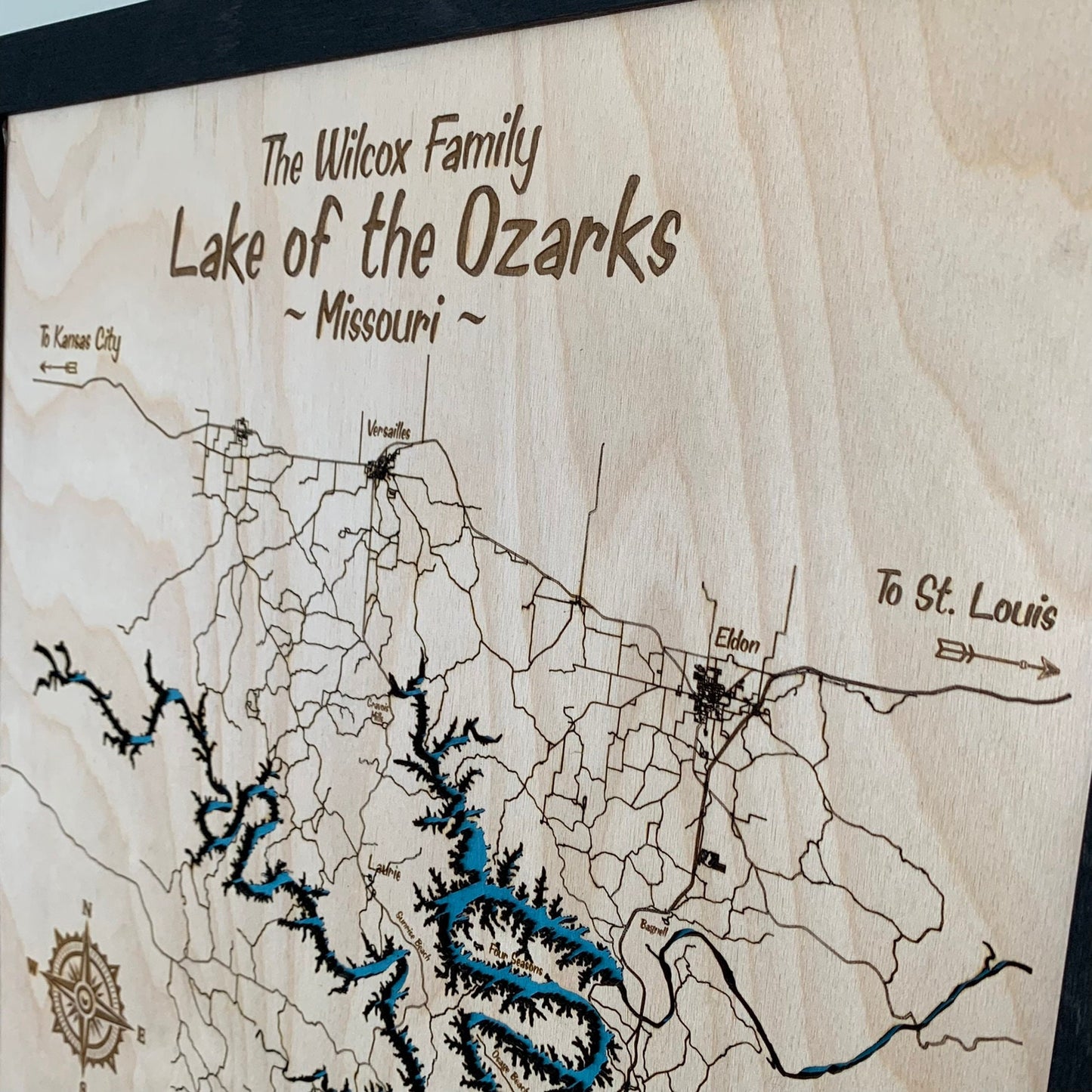 Laser Cut Engraved Wood Lake Map - Lake of the Ozarks - Missouri