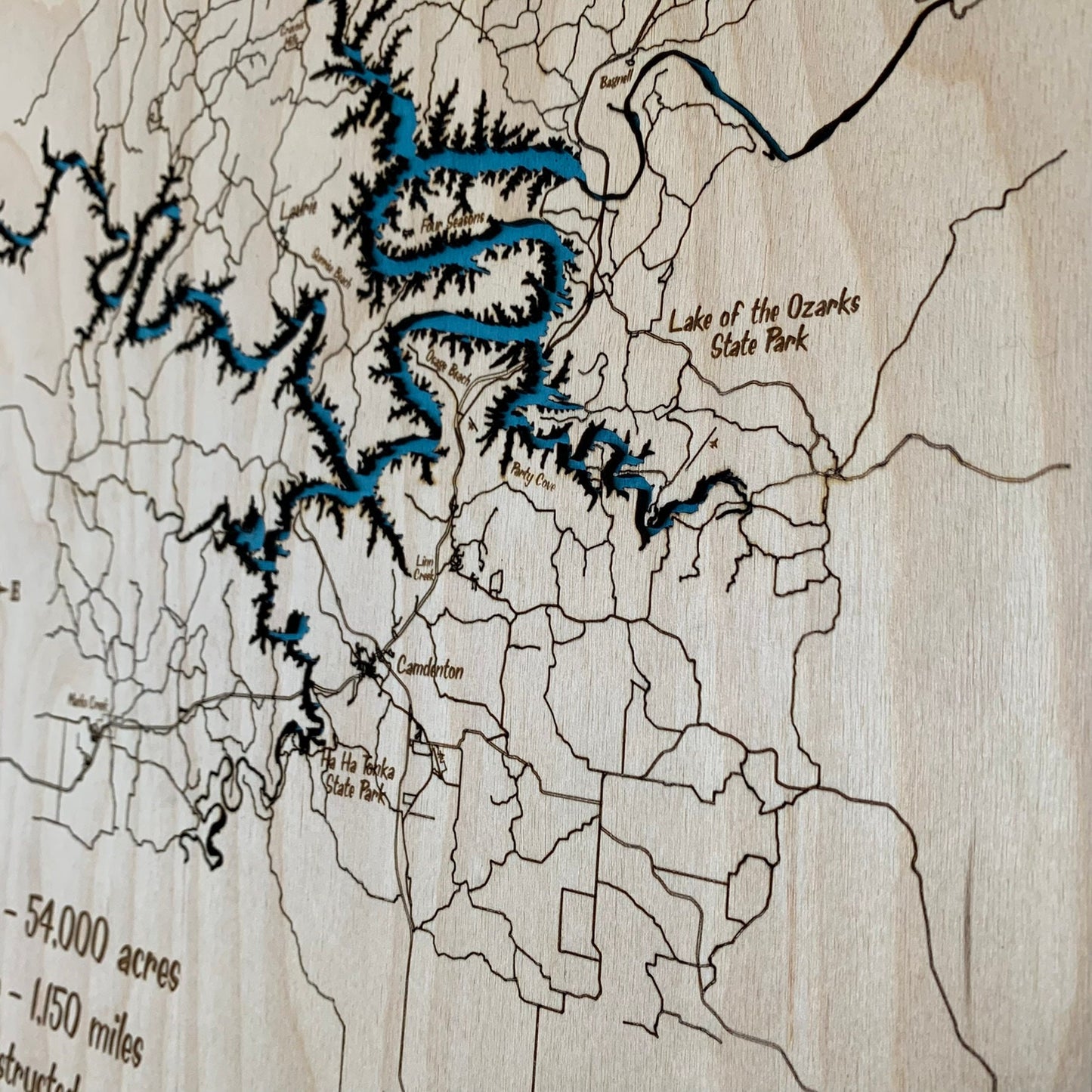 Laser Cut Engraved Wood Lake Map - Lake of the Ozarks - Missouri