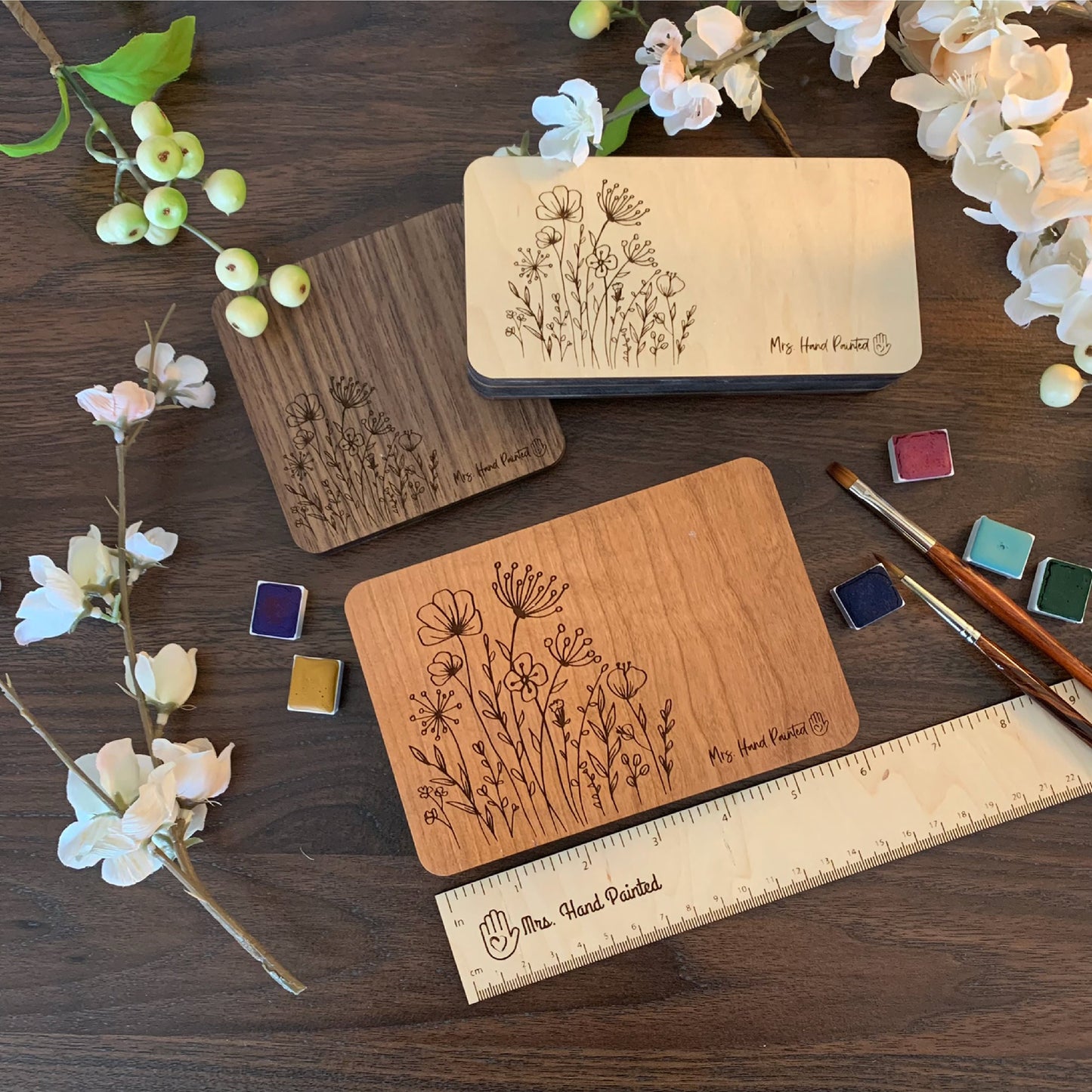 Custom Engraved Wood Watercolor Box with Personalization