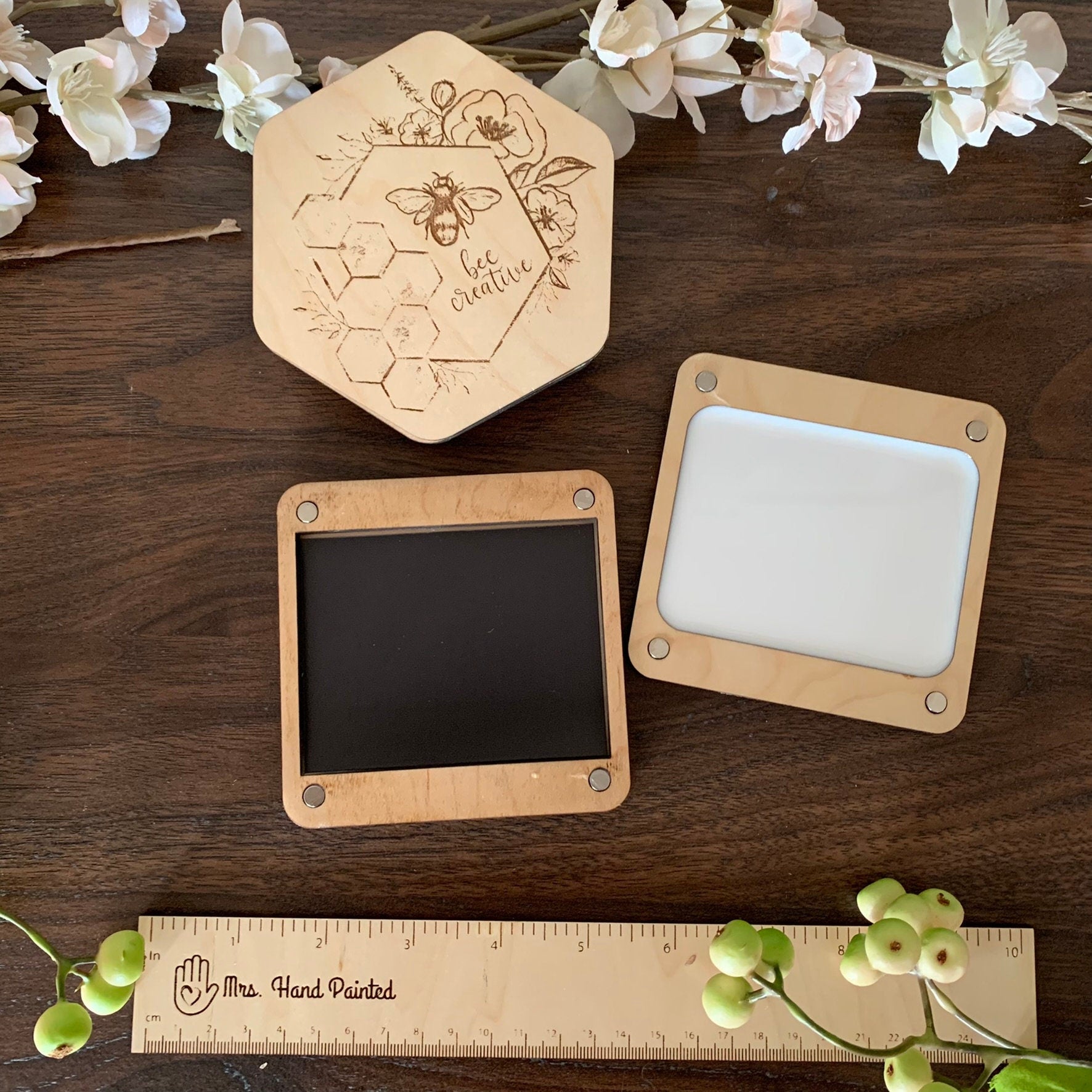 Bee Creative - Honeybee - Custom Engraved Wood Watercolor Box with Hand Drawn Design