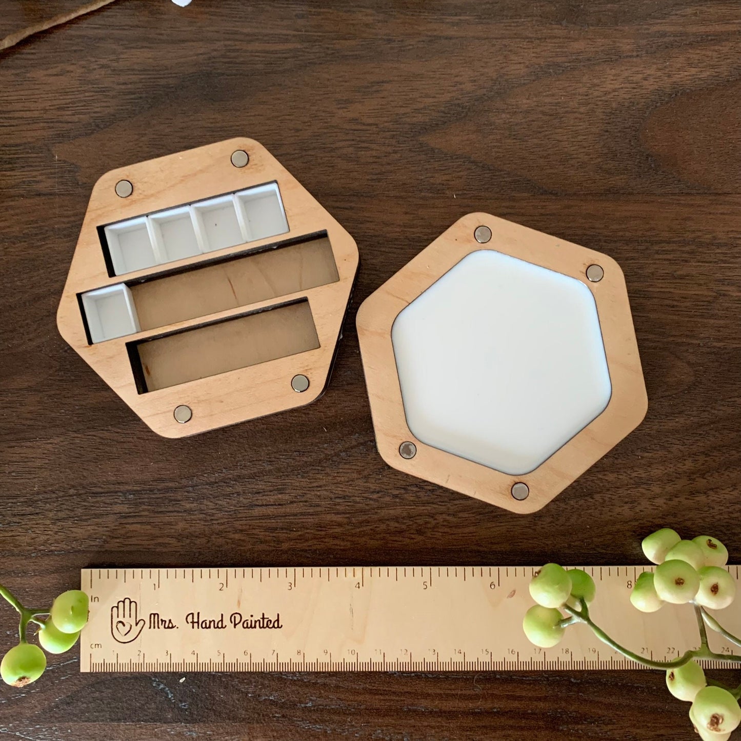 Bee Creative - Honeybee - Custom Engraved Wood Watercolor Box with Hand Drawn Design