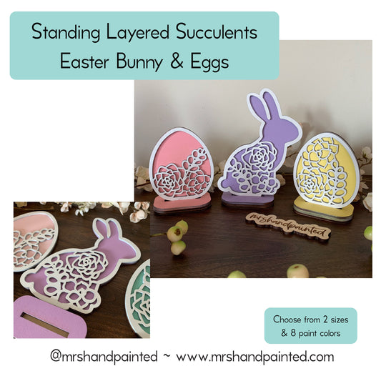 Layered Laser Cut Succulent Motif Easter Bunny and Eggs - Standing Shelf Sitter