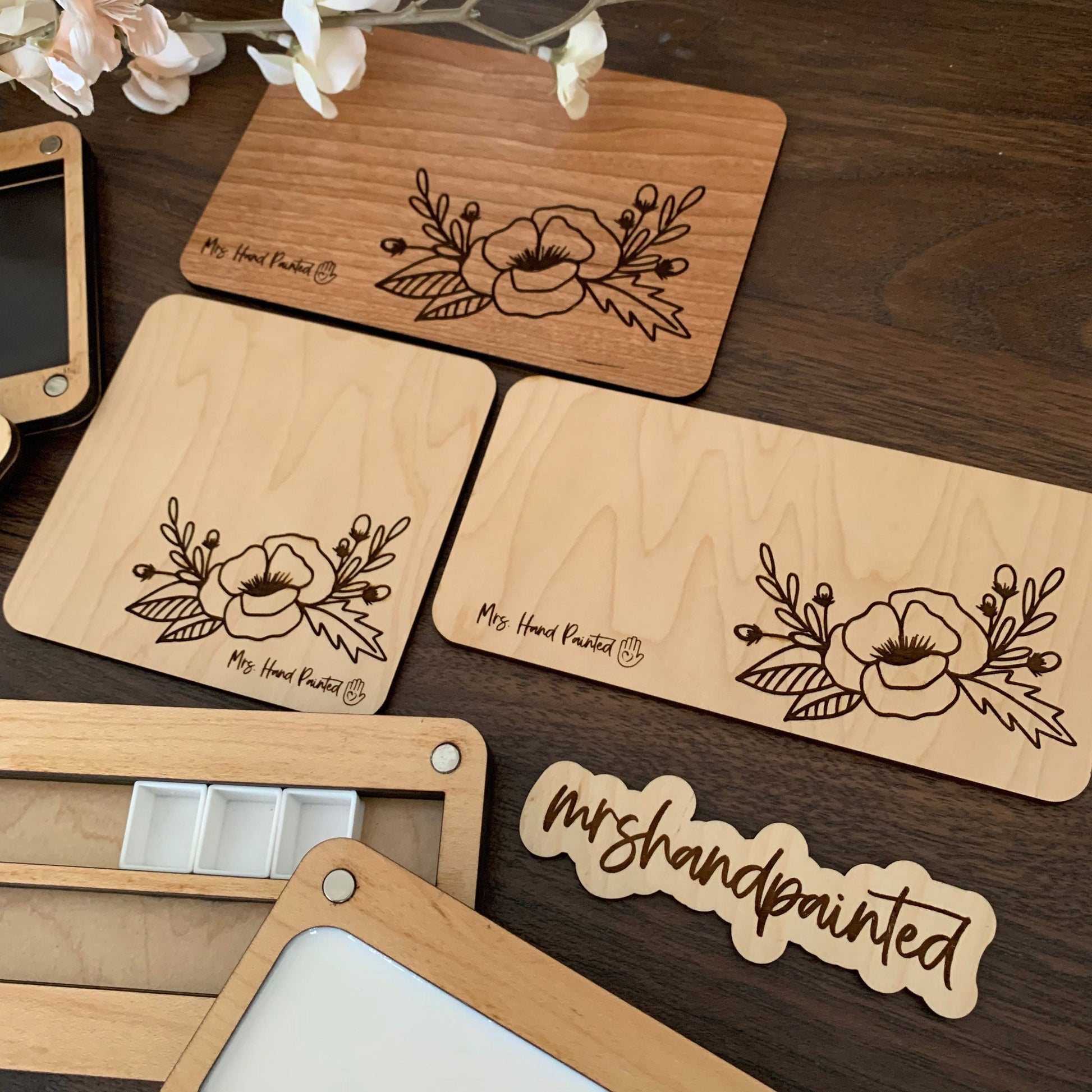 Hand Drawn Poppy Floral Engraved Wood Watercolor Box with Personalization