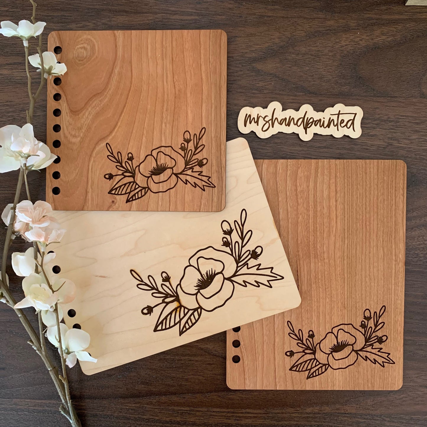 Custom Laser Engraved Wood Sketchbook - Poppy Floral Motif