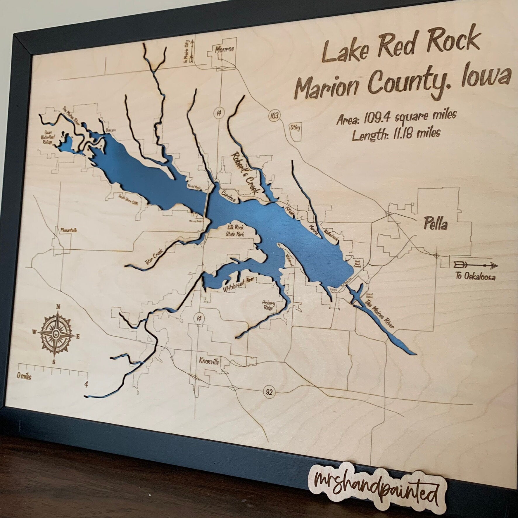 Laser Cut Engraved Wood Lake Map - Lake Red Rock - Marion County Iowa