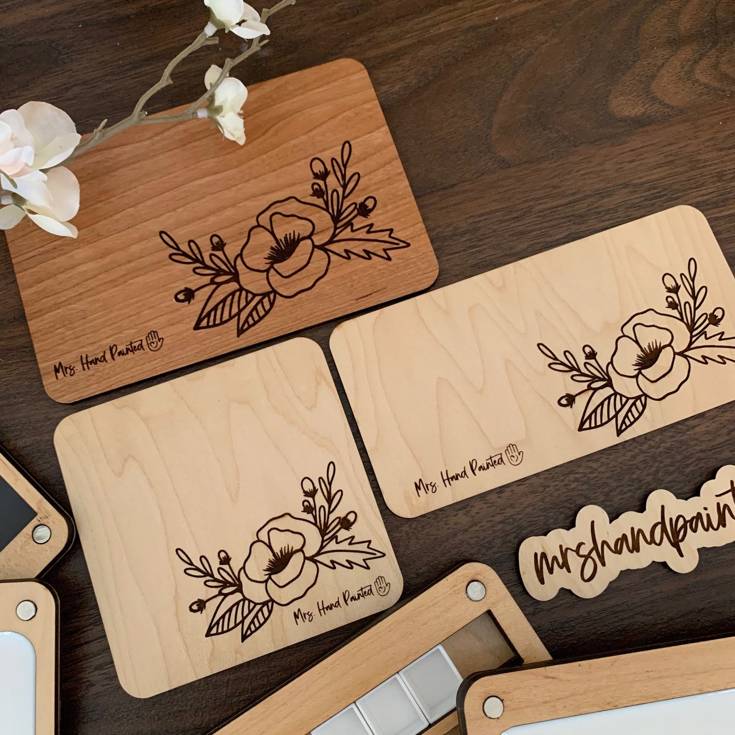 Hand Drawn Poppy Floral Engraved Wood Watercolor Box with Personalization