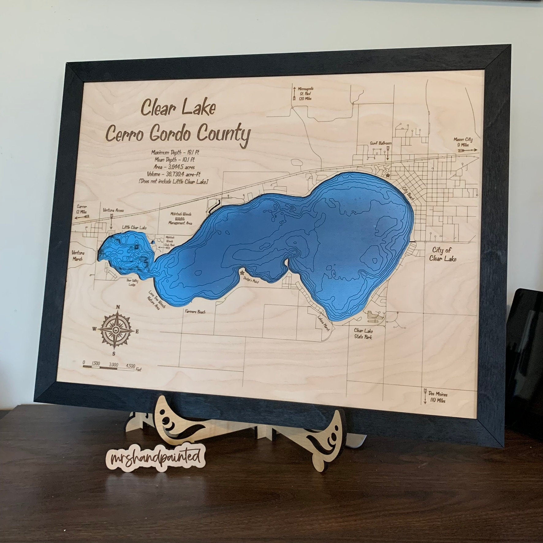 Laser Cut Engraved Wood Lake Map - Clear Lake - Cerro Gordo County Iowa