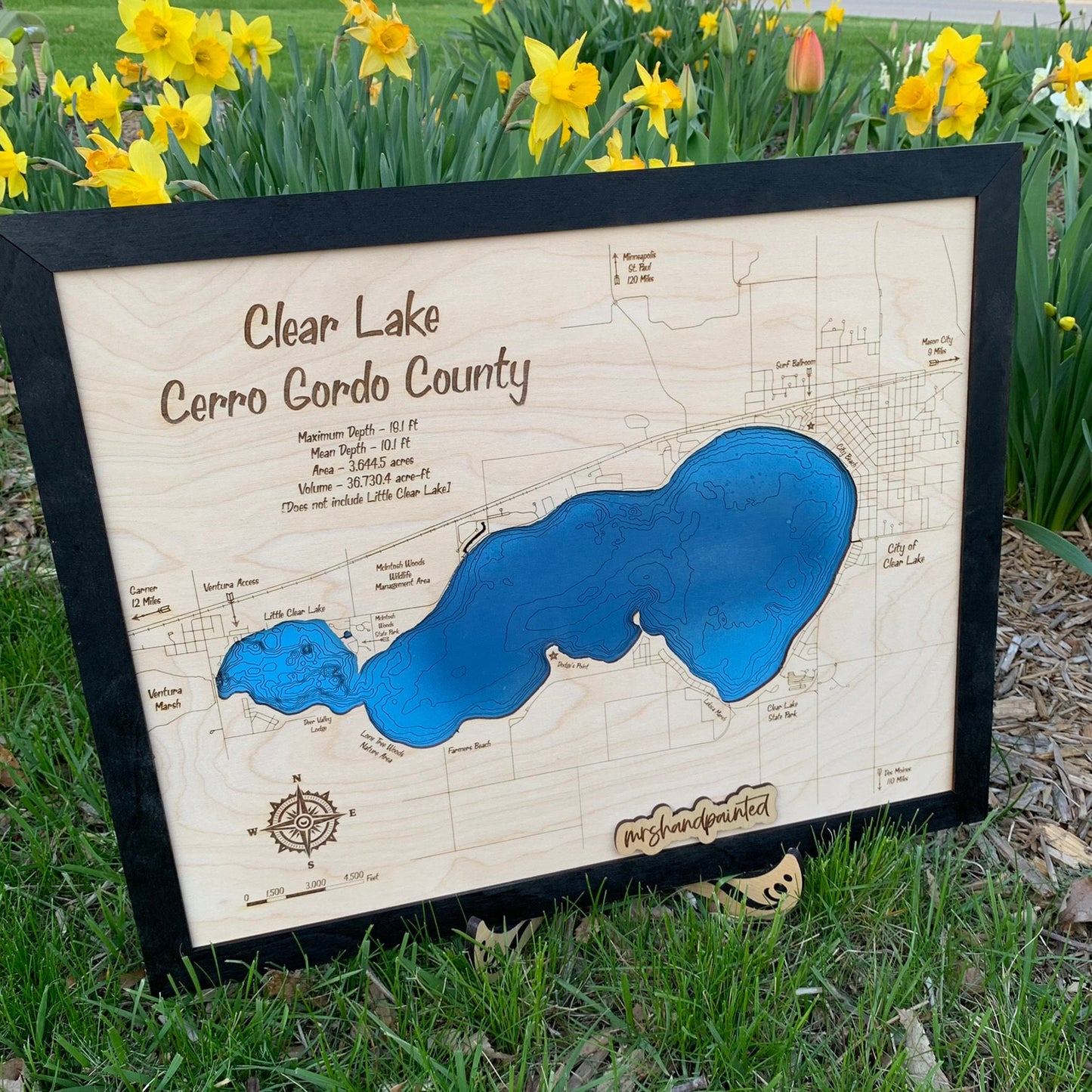 Laser Cut Engraved Wood Lake Map - Clear Lake - Cerro Gordo County Iowa