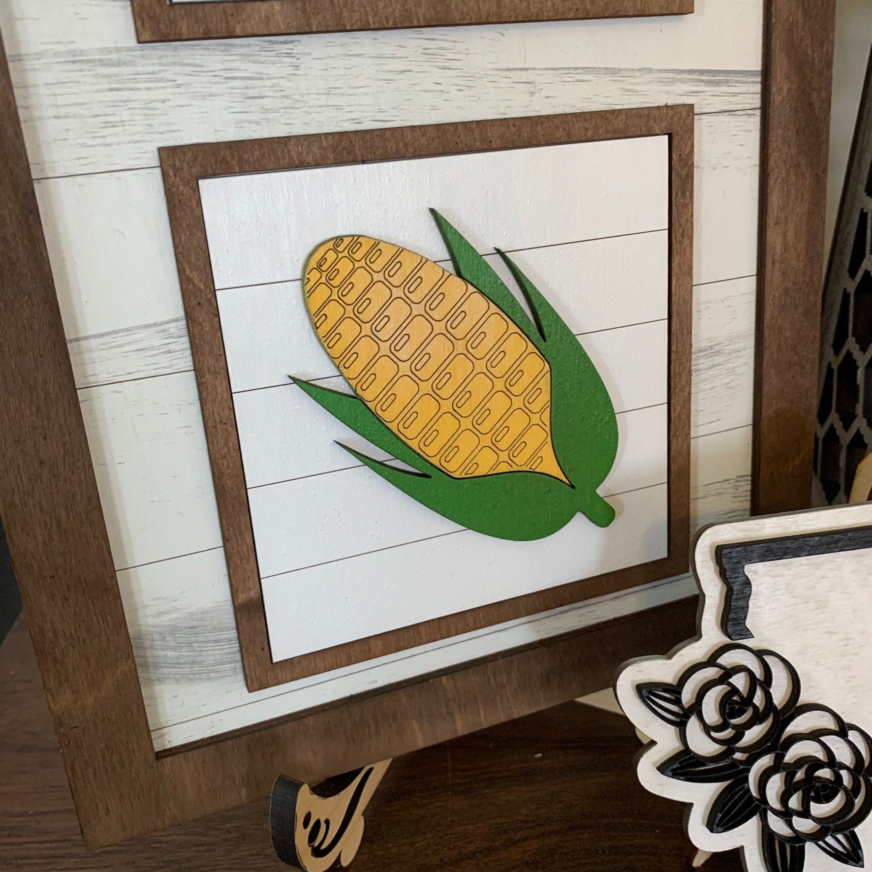 Iowa and Sweet Corn Theme Tiered Tray Decor - Laser Cut Wood Painted