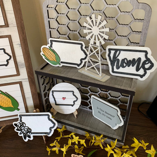 Iowa and Sweet Corn Theme Tiered Tray Decor - Laser Cut Wood Painted