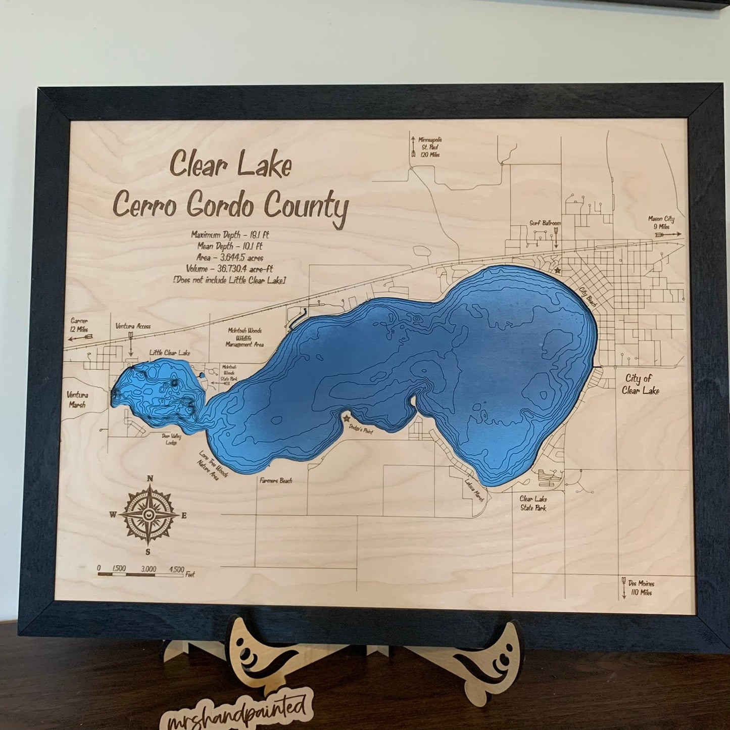 Laser Cut Engraved Wood Lake Map - Clear Lake - Cerro Gordo County Iowa