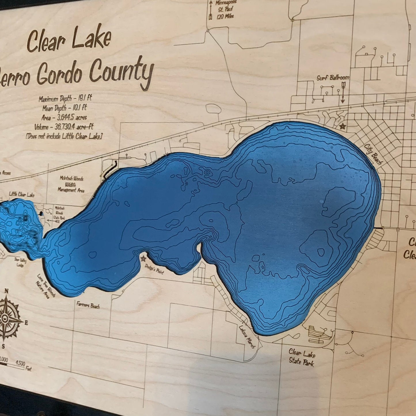 Laser Cut Engraved Wood Lake Map - Clear Lake - Cerro Gordo County Iowa