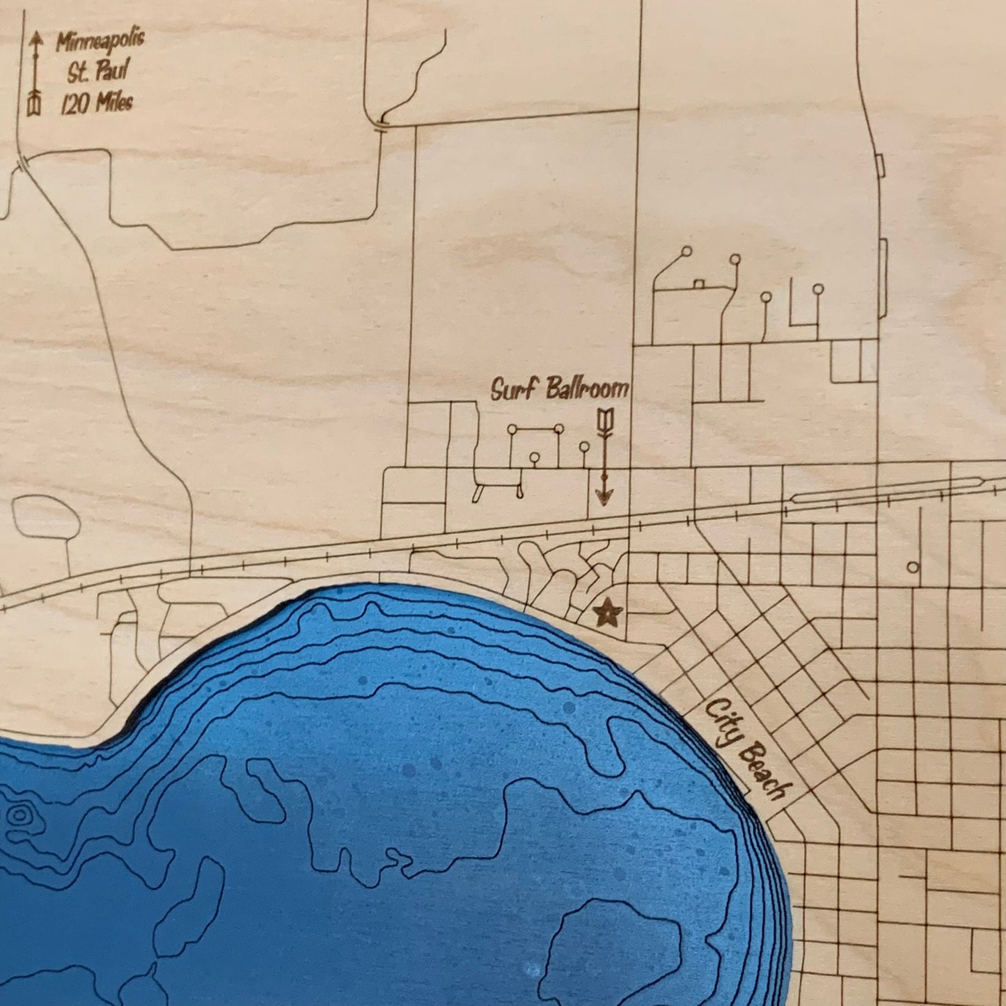 Laser Cut Engraved Wood Lake Map - Clear Lake - Cerro Gordo County Iowa