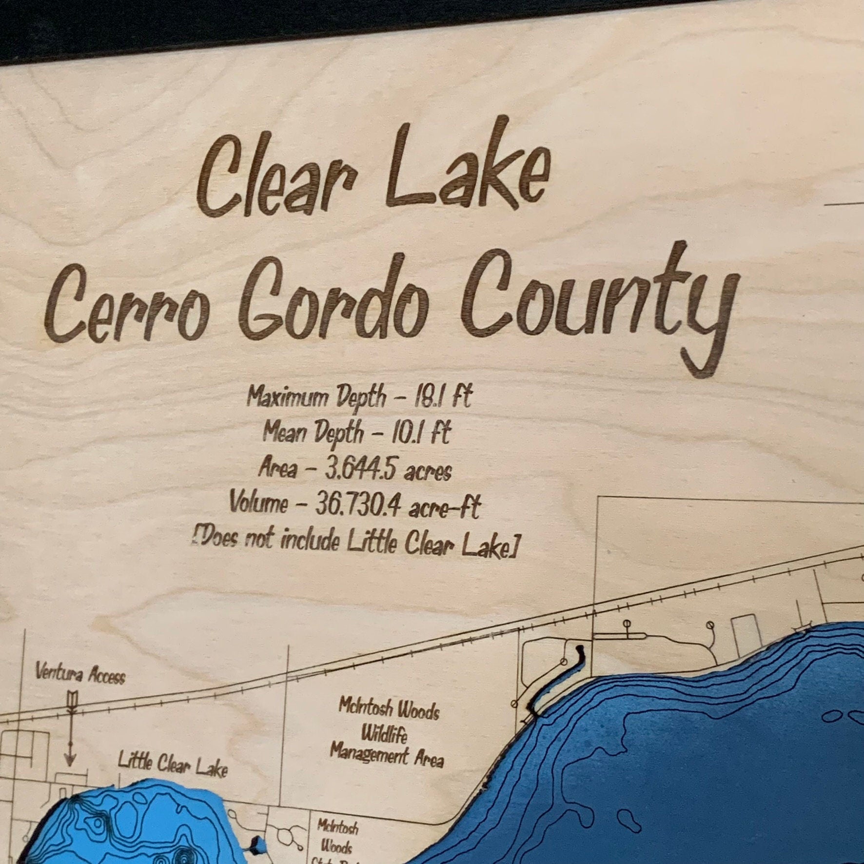 Laser Cut Engraved Wood Lake Map - Clear Lake - Cerro Gordo County Iowa