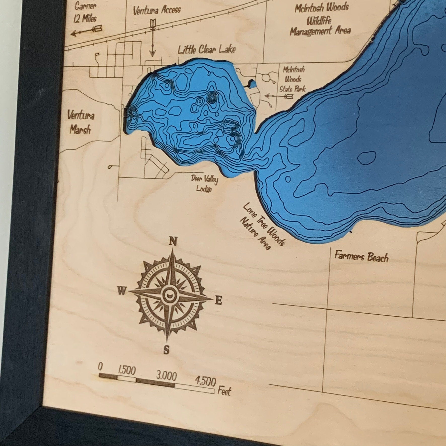 Laser Cut Engraved Wood Lake Map - Clear Lake - Cerro Gordo County Iowa