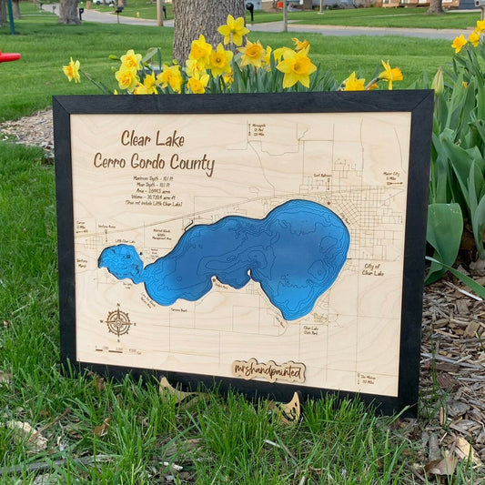 Laser Cut Engraved Wood Lake Map - Clear Lake - Cerro Gordo County Iowa
