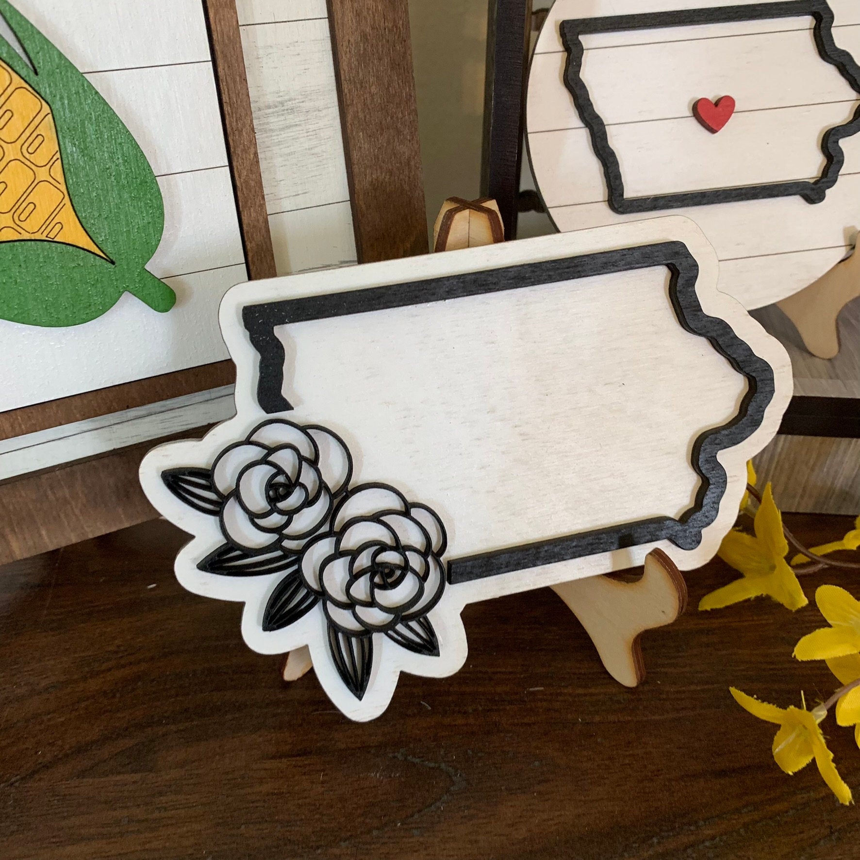 Iowa and Sweet Corn Theme Tiered Tray Decor - Laser Cut Wood Painted