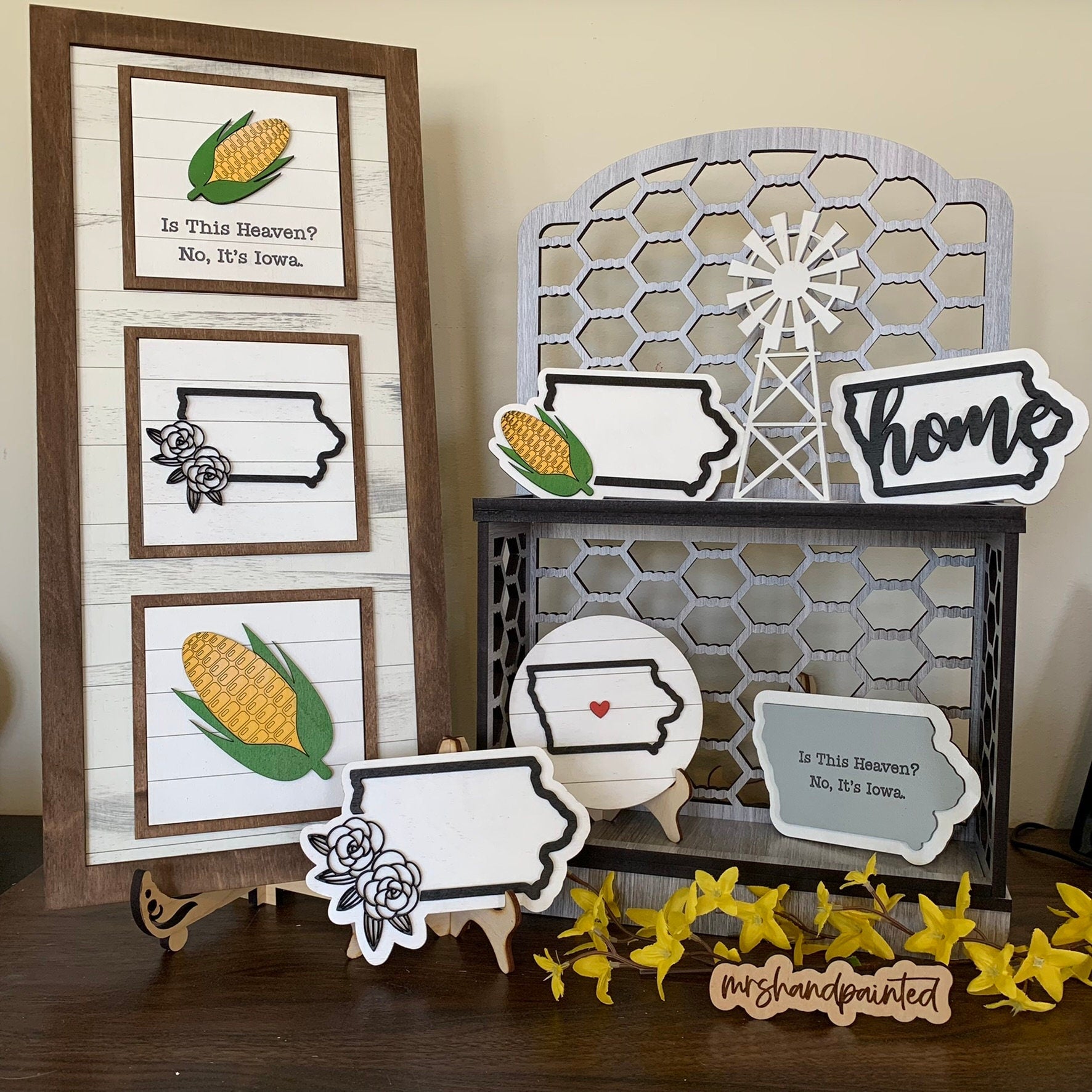 Iowa and Sweet Corn Theme Tiered Tray Decor - Laser Cut Wood Painted