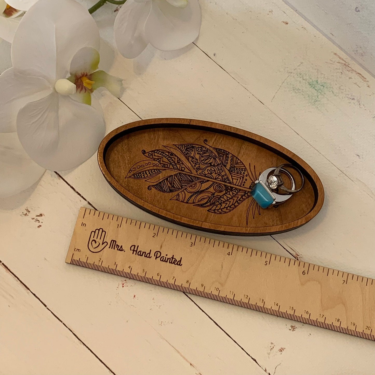 Laser Engraved Wood Boho Feather Oval Shaped Trinket Tray - Valet Tray / Ring Dish