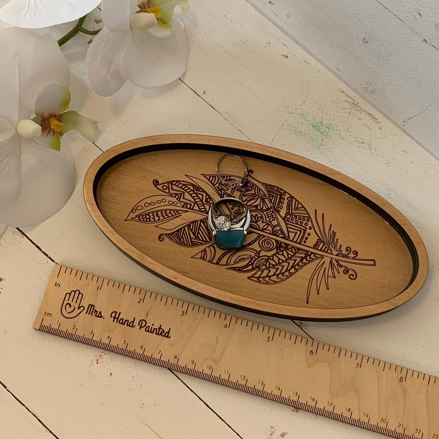 Laser Engraved Wood Boho Feather Oval Shaped Trinket Tray - Valet Tray / Ring Dish