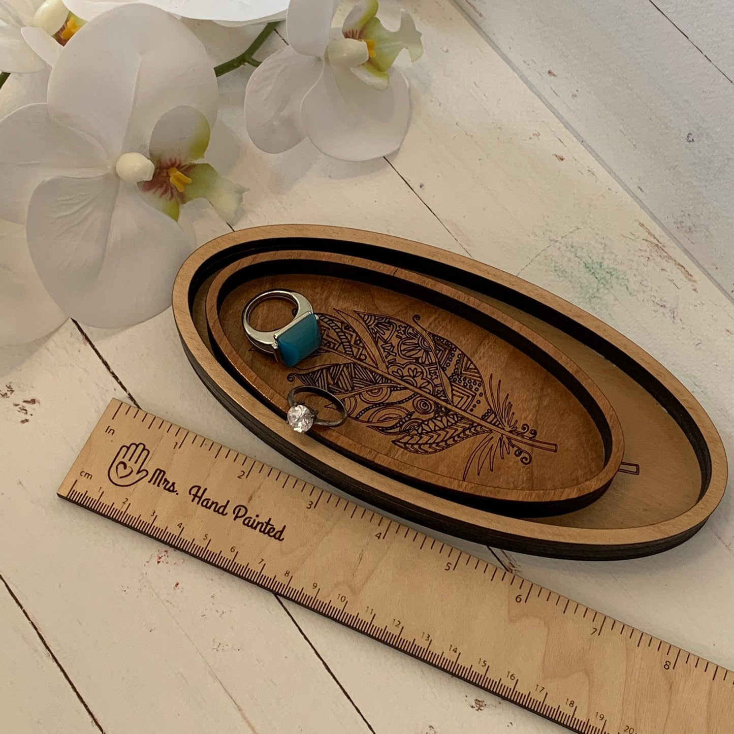 Laser Engraved Wood Boho Feather Oval Shaped Trinket Tray - Valet Tray / Ring Dish