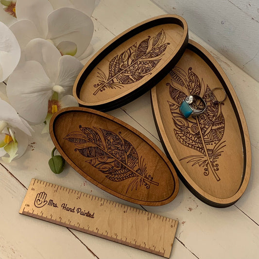 Laser Engraved Wood Boho Feather Oval Shaped Trinket Tray - Valet Tray / Ring Dish