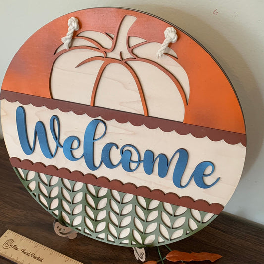 Laser Cut Wood Welcome with Pumpkin Door Hanger Sign