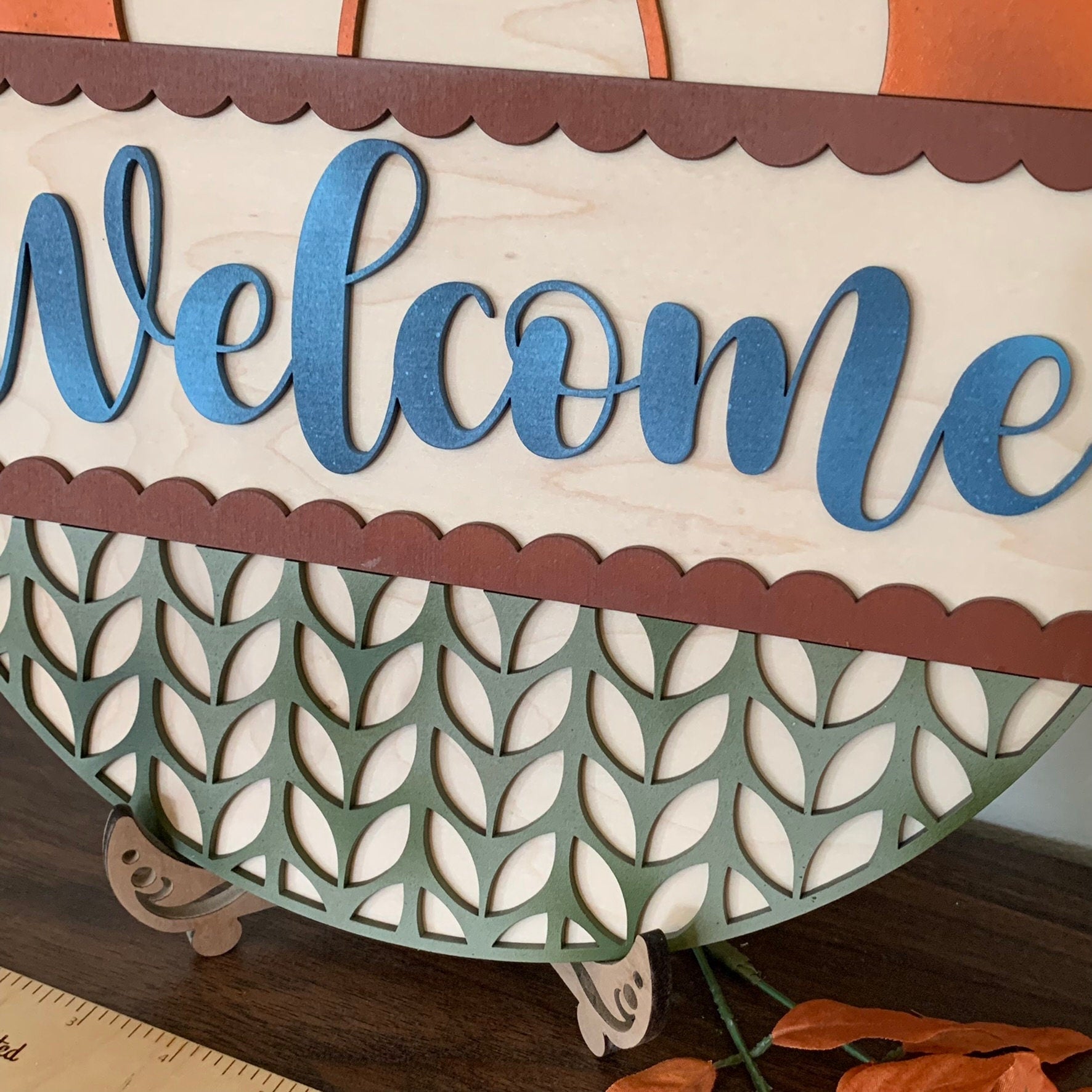 Laser Cut Wood Welcome with Pumpkin Door Hanger Sign