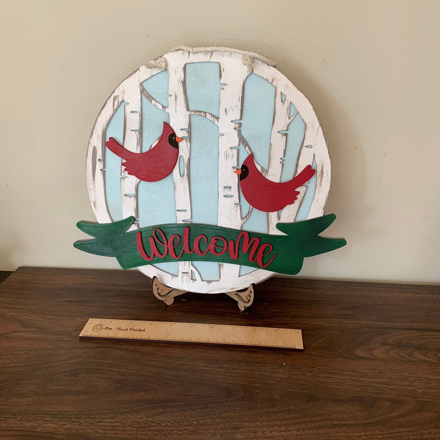 Laser Cut Wood Cardinal in Birch Trees Door Hanger Sign